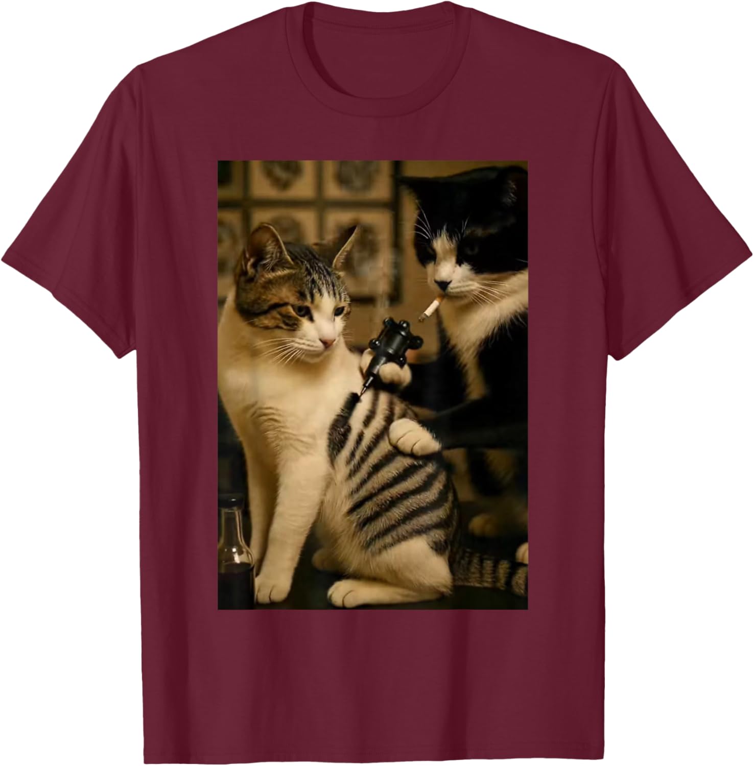 Vintage Cigarette Cat Smoking Tattoo Inked Artist Funny Meme T-Shirt - T-Shirt | Maroon