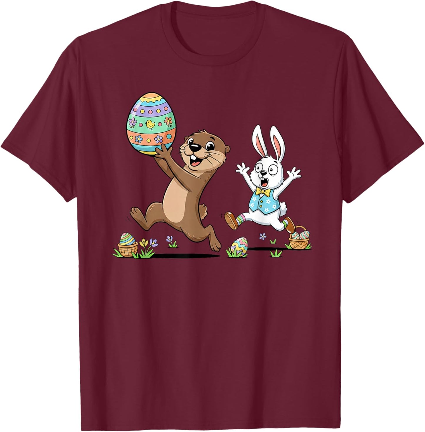 Funny Otter Bunny Easter Egg Kids Easter Day T-Shirt - T-Shirt | Maroon