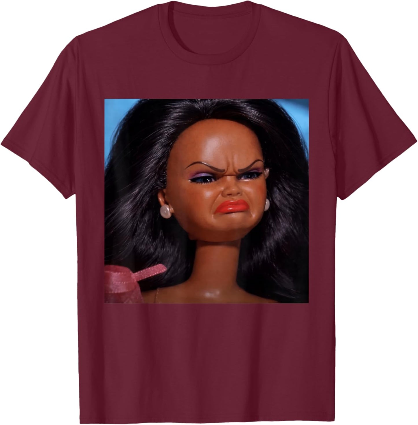 Angry Disgusted Black Doll Face Meme Reaction Meme Funny T-Shirt - T-Shirt | Maroon