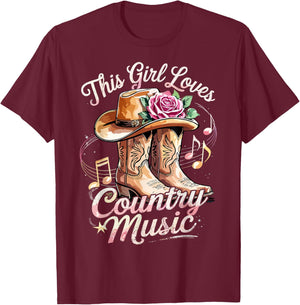 This Girl Loves Country Music Western Cowgirl T-Shirt - T-Shirt | Maroon