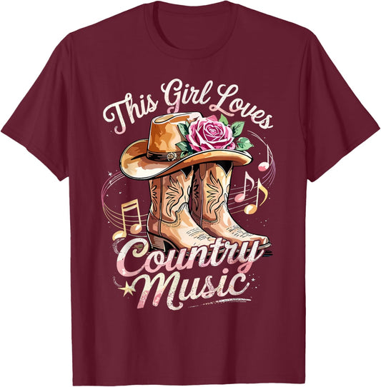 This Girl Loves Country Music Western Cowgirl T-Shirt - T-Shirt | Maroon