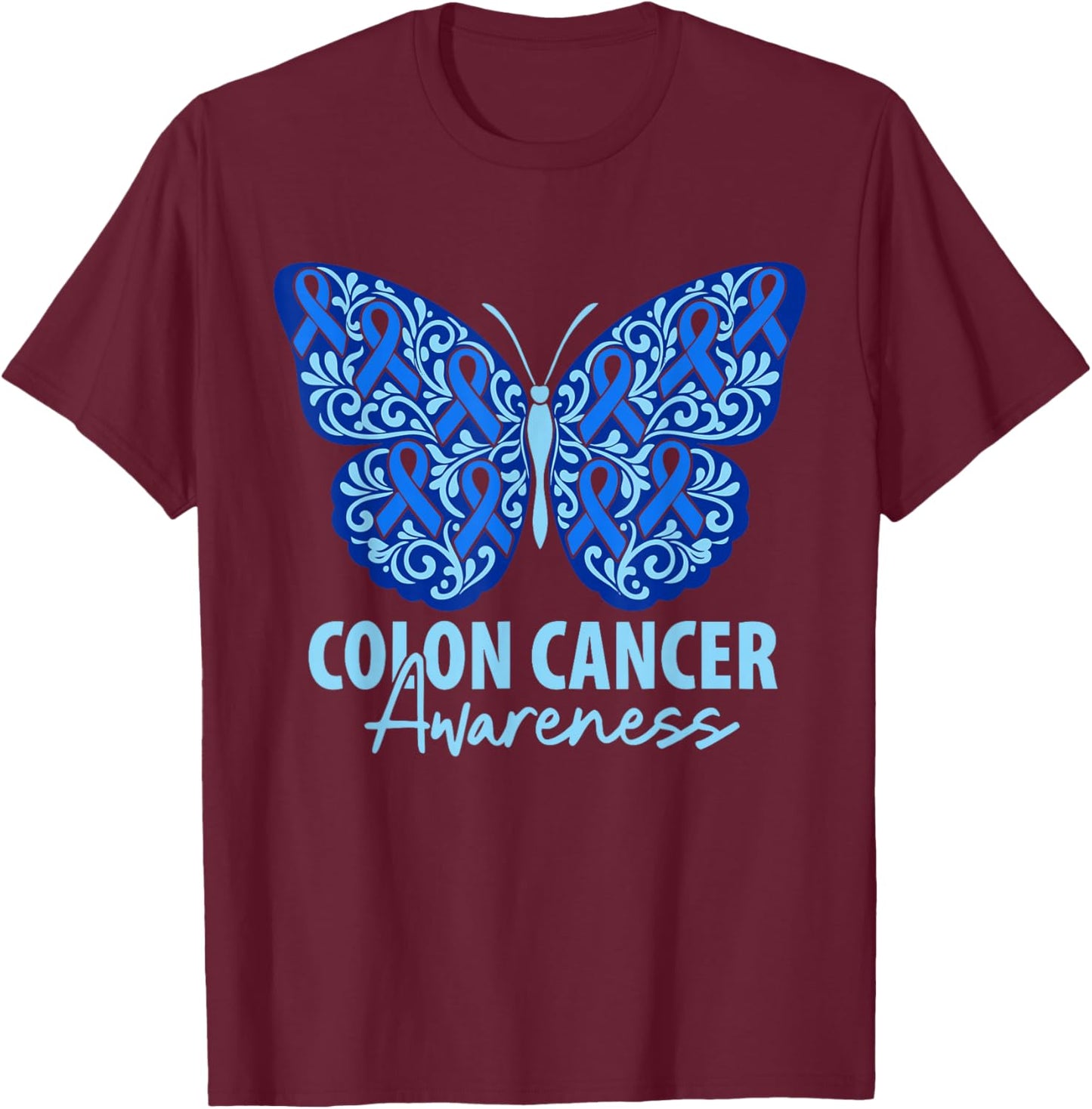Colorectal Colon Cancer Awareness Blue Ribbon Butterfly T-Shirt - T-Shirt | Maroon