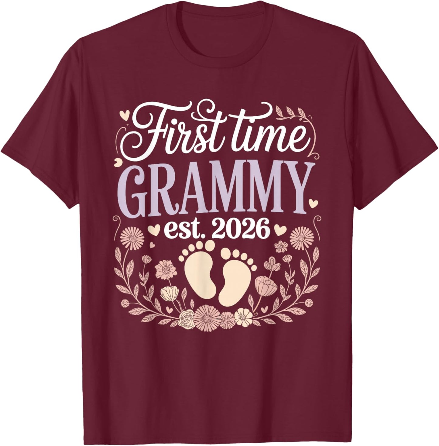 First Time Grammy Est 2026 Floral Baby Reveal T-Shirt - T-Shirt | Maroon