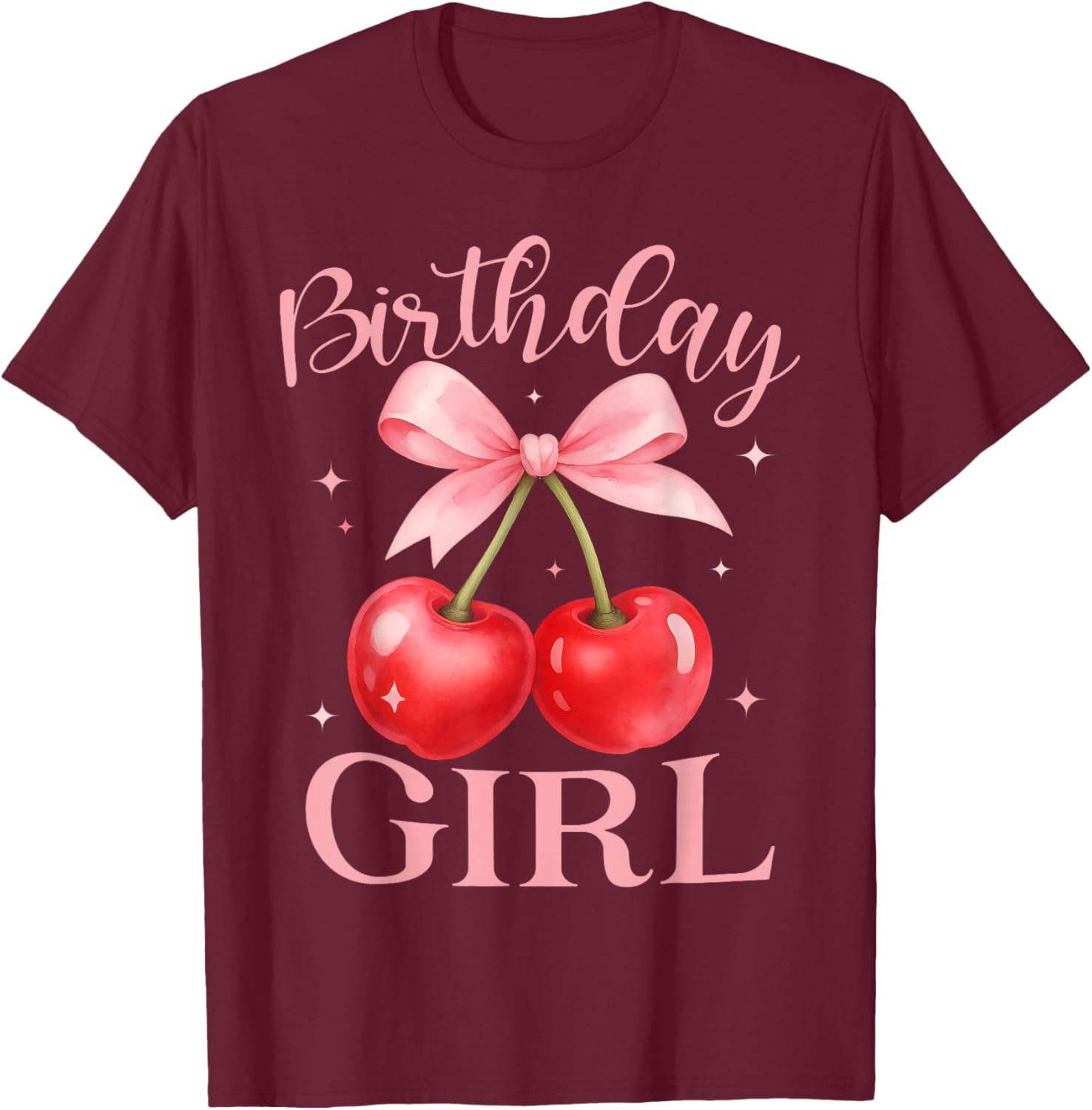 Birthday Girl Cute Coquette Bow Cherry Birthday Girl Kids T-Shirt - T-Shirt | Maroon
