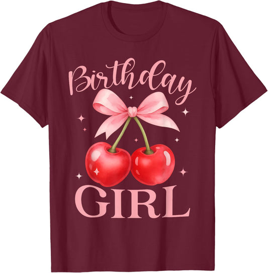 Birthday Girl Cute Coquette Bow Cherry Birthday Girl Kids T-Shirt - T-Shirt | Maroon