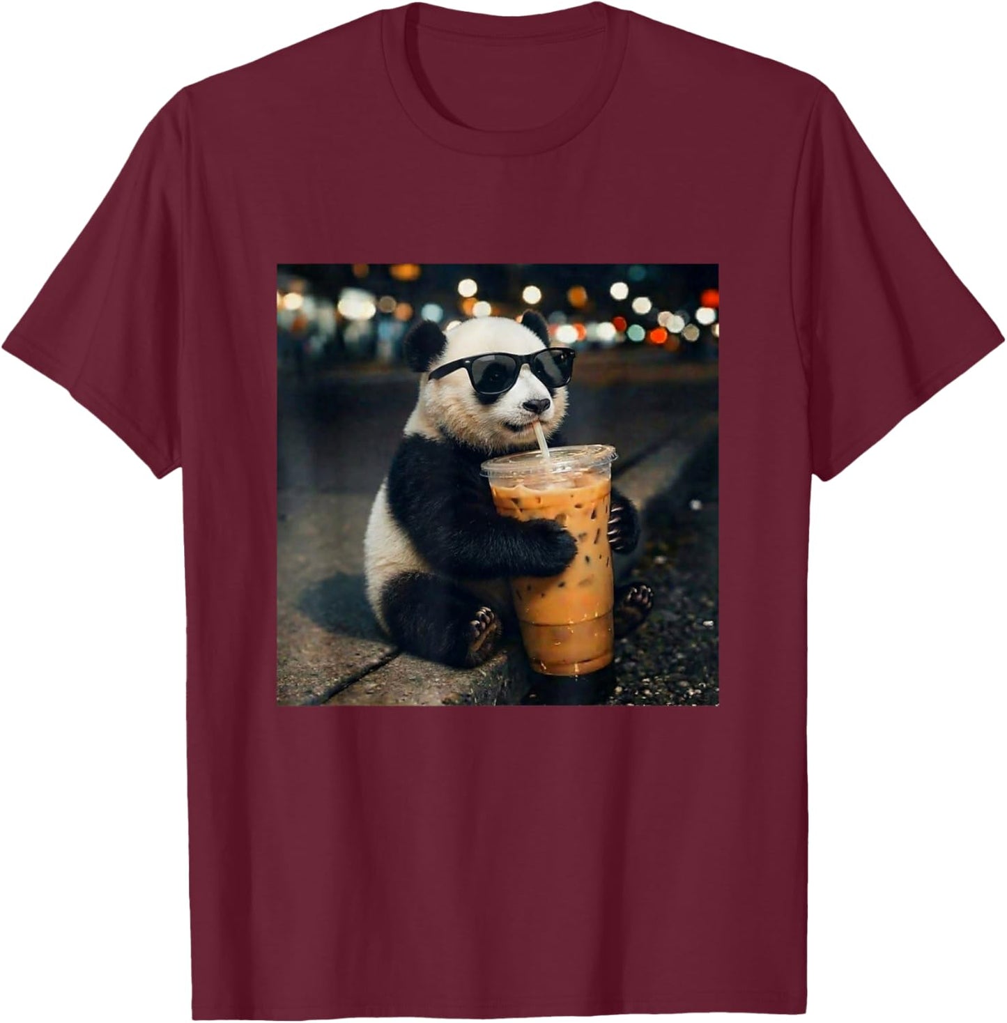 Funny Panda Drinking Iced Coffee Meme Women Kids T-Shirt - T-Shirt | Maroon