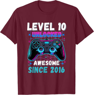 Level 10 Unlocked Awesome Since 2016 10th Birthday Boys Kids T-Shirt - T-Shirt | Maroon