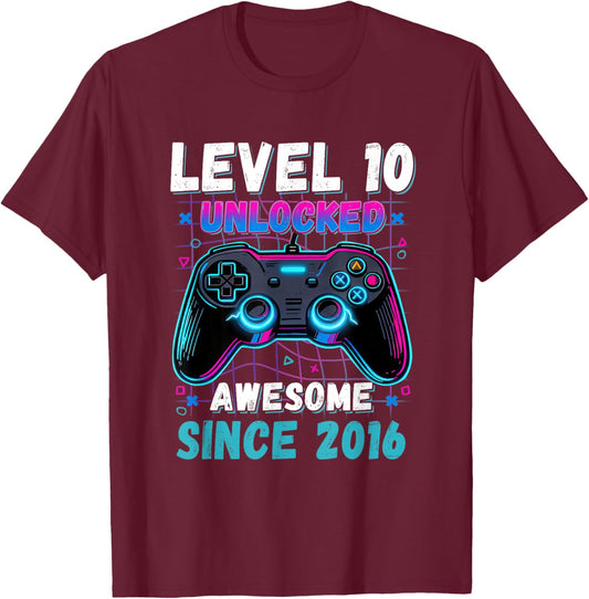 Level 10 Unlocked Awesome Since 2016 10th Birthday Boys Kids T-Shirt - T-Shirt | Maroon