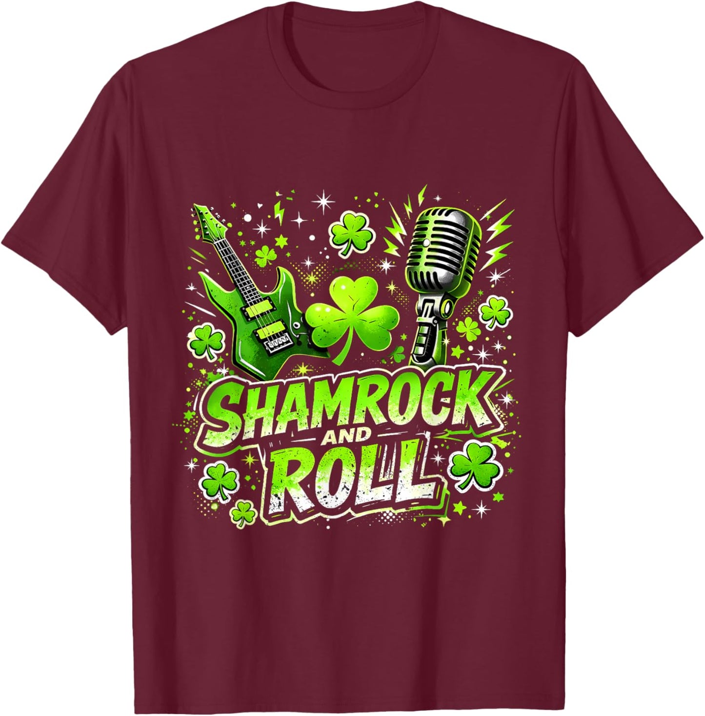 Shamrock and Roll St Patrick Day Rock Vibes T-Shirt - T-Shirt | Maroon