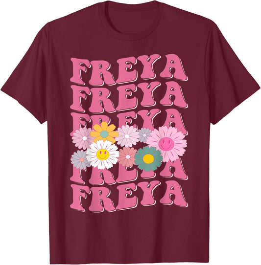 Girl Retro Freya First Name Personalized Groovy 80's T-Shirt - T-Shirt | Maroon