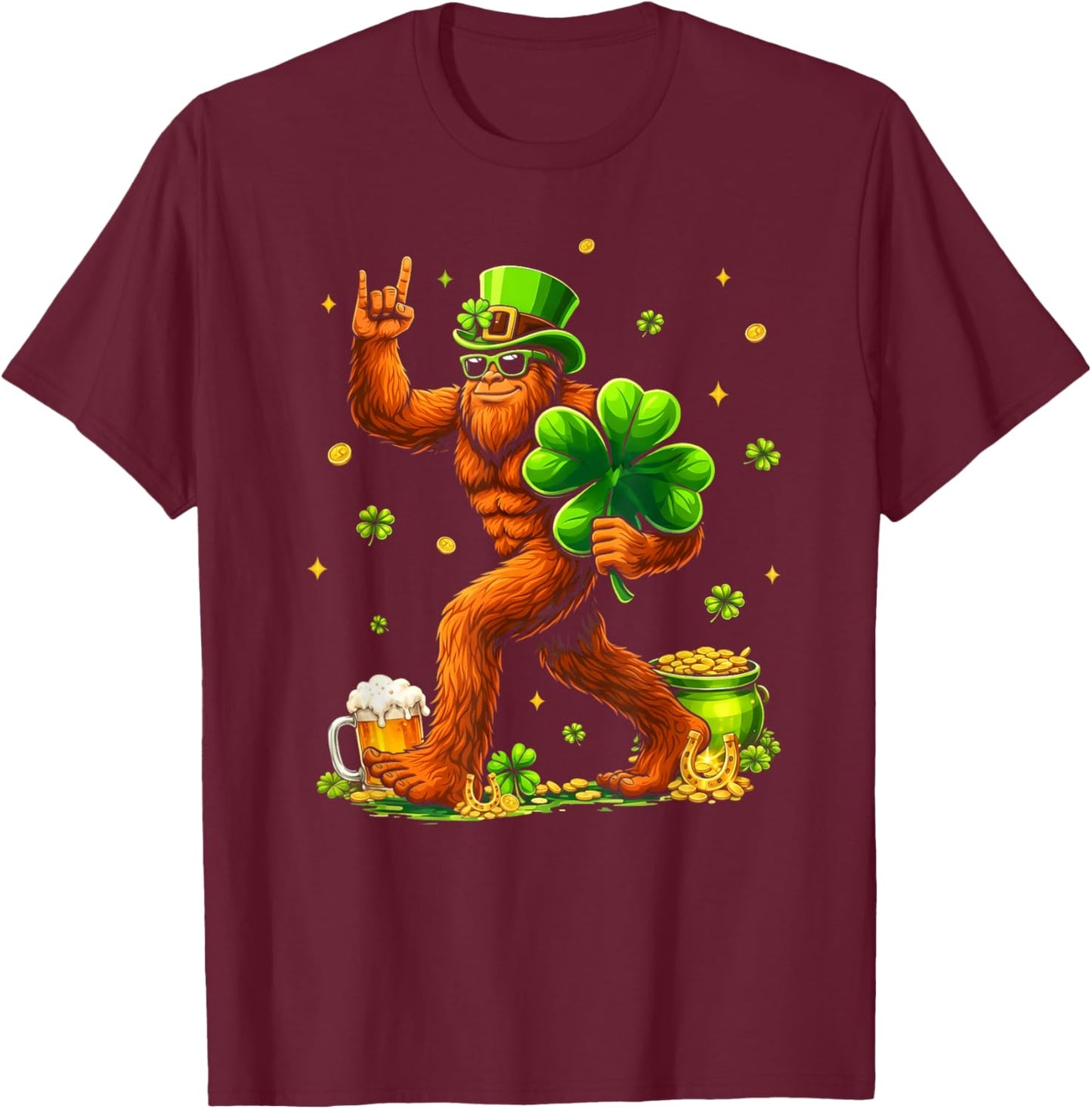 St Patricks Day Bigfoot Sasquatch Shamrock Men Women Kids T-Shirt - T-Shirt | Maroon
