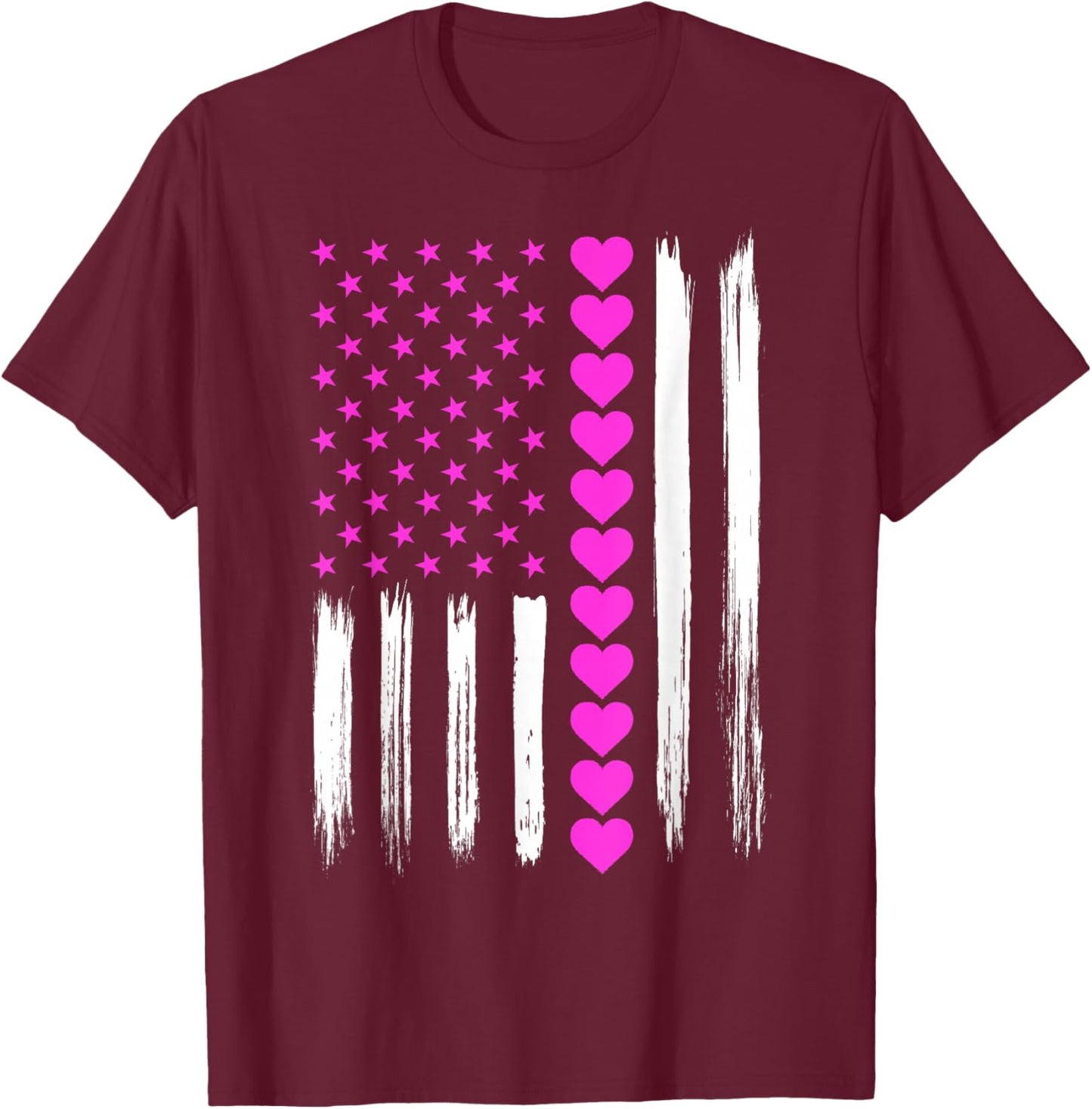 Valentines Day Pink Hearts US American Flag Patriotic Lover T-Shirt - T-Shirt | Maroon