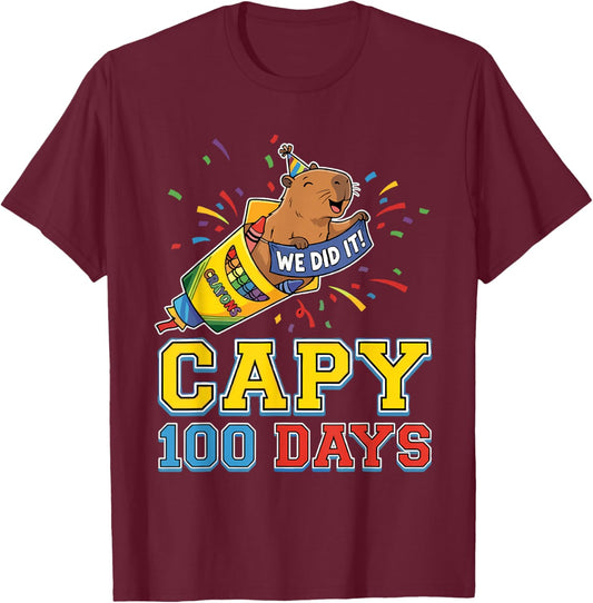 Capy 100th Day of School Cute Capybara Teacher T-Shirt - T-Shirt | Maroon