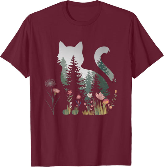 Boho cat Plants Women Girl Men Flowers Kitty Cats T-Shirt - T-Shirt | Maroon