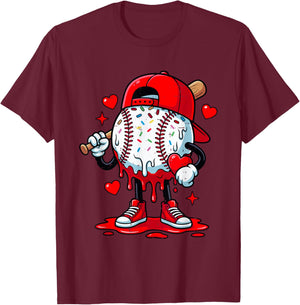 Cute Game Day Baseball Ice Cream Drip Valentine Love XOXO T-Shirt - T-Shirt | Maroon