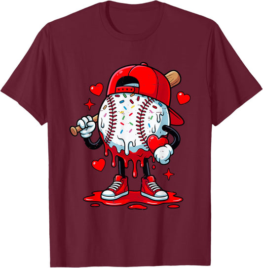 Cute Game Day Baseball Ice Cream Drip Valentine Love XOXO T-Shirt - T-Shirt | Maroon
