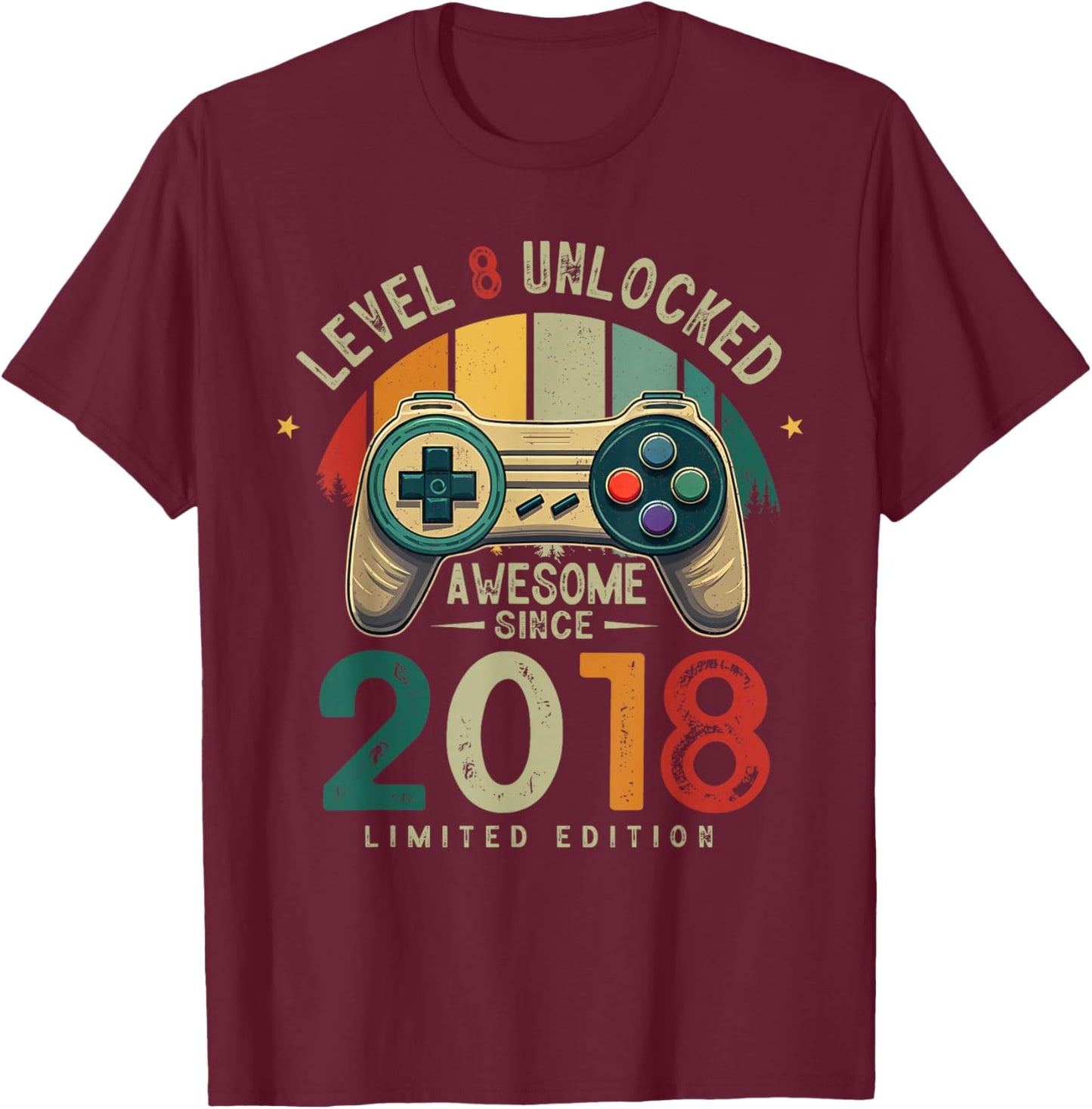 Level 8 Unlocked Awesome Since 2018 8th Birthday Gaming T-Shirt - T-Shirt | Maroon