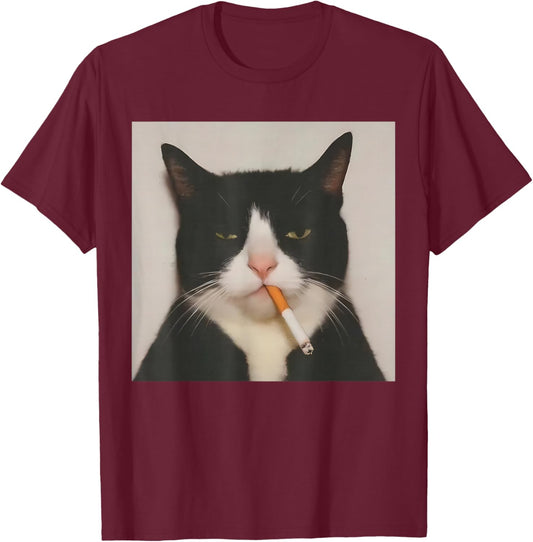 Cute Tuxedo Cat Smoking Cigarette Funny Kitten Meme T-Shirt - T-Shirt | Maroon