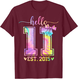 Hello Eleven EST 2015 11th Birthday Coquette 11 Year Girl T-Shirt - T-Shirt | Maroon