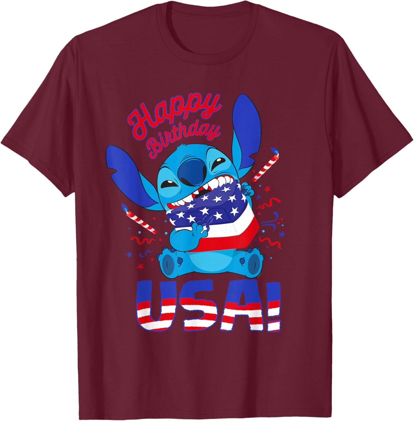 Disney Stitch Happy Birthday USA Independence Day 250 Years T-Shirt - T-Shirt | Maroon