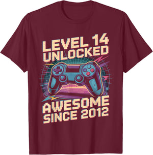 14 Year Old Boy Level 14 Gamer 2012 14th Birthday Party Gift T-Shirt - T-Shirt | Maroon