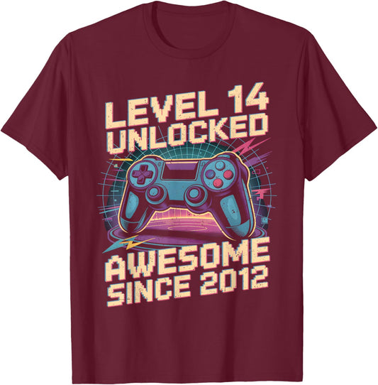 14 Year Old Boy Level 14 Gamer 2012 14th Birthday Party Gift T-Shirt - T-Shirt | Maroon