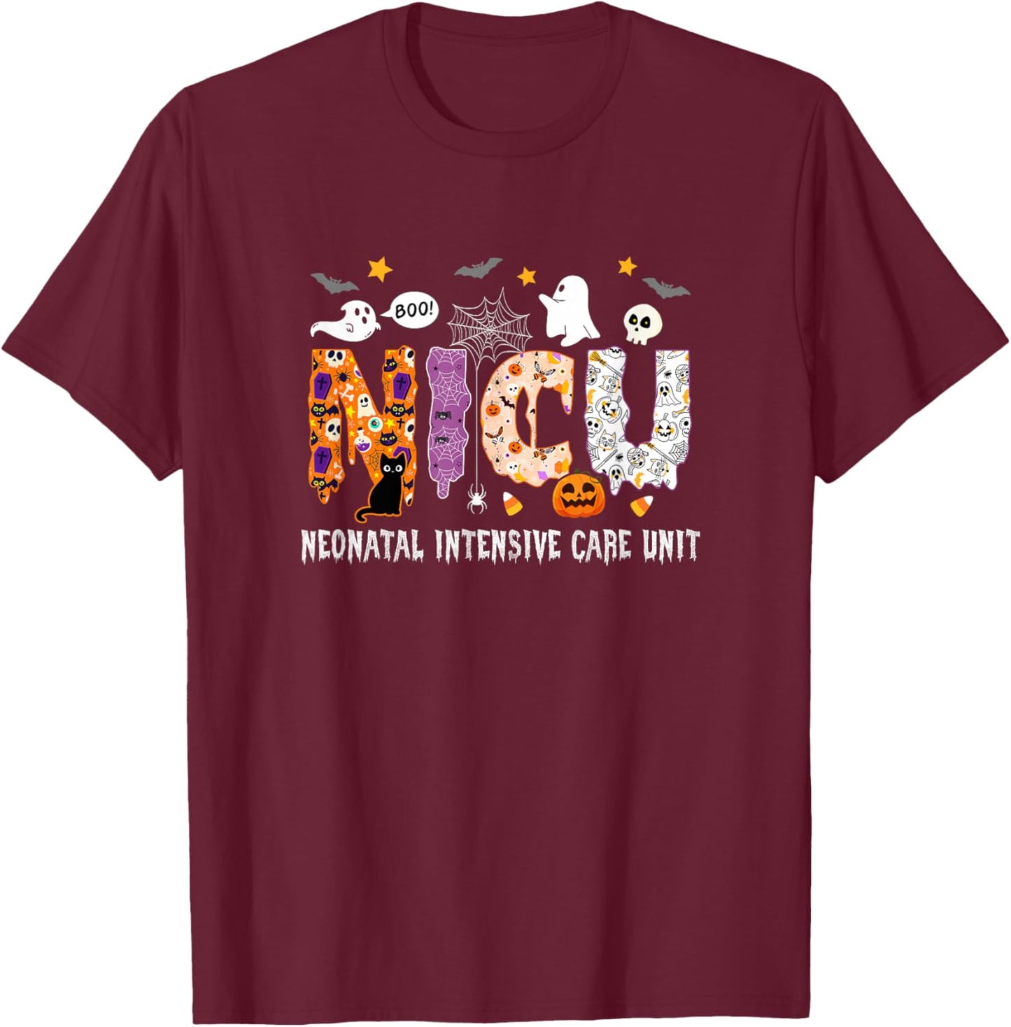 Nicu Nurse Halloween Spooky Ghose Neonatal Intensive Care T-Shirt - T-Shirt | Maroon
