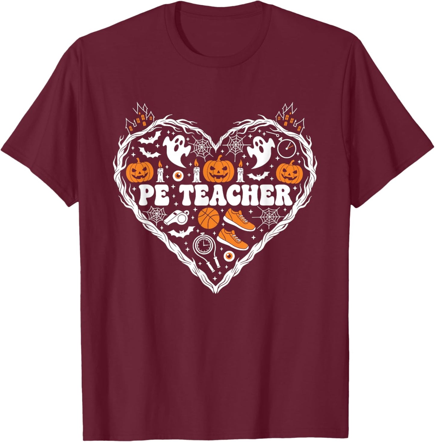 PE Teacher Heart Pumpkin Ghost Halloween Kids T-Shirt - T-Shirt | Maroon