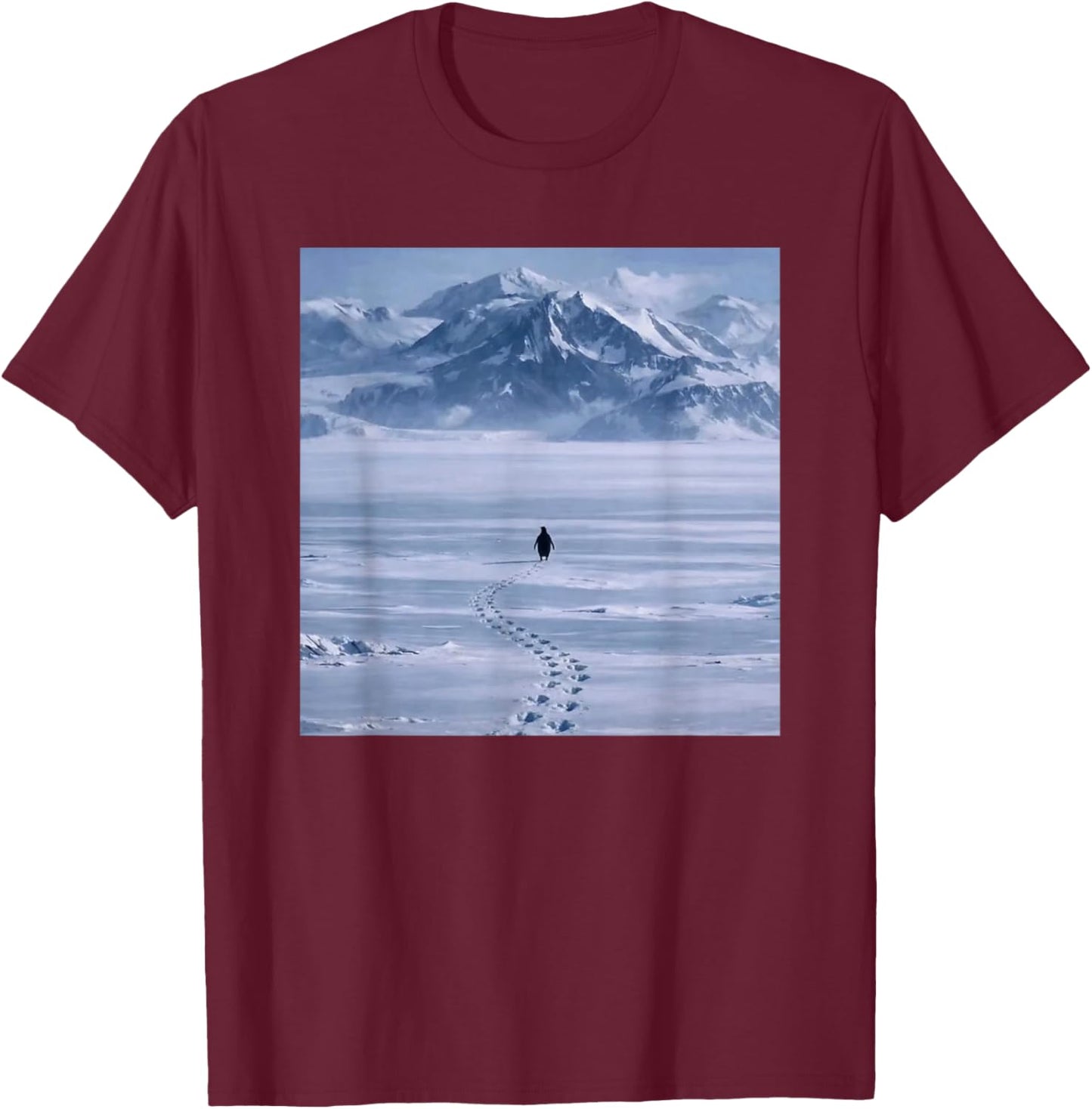 Lone Penguin Walking Toward Mountain Meme T-Shirt - T-Shirt | Maroon