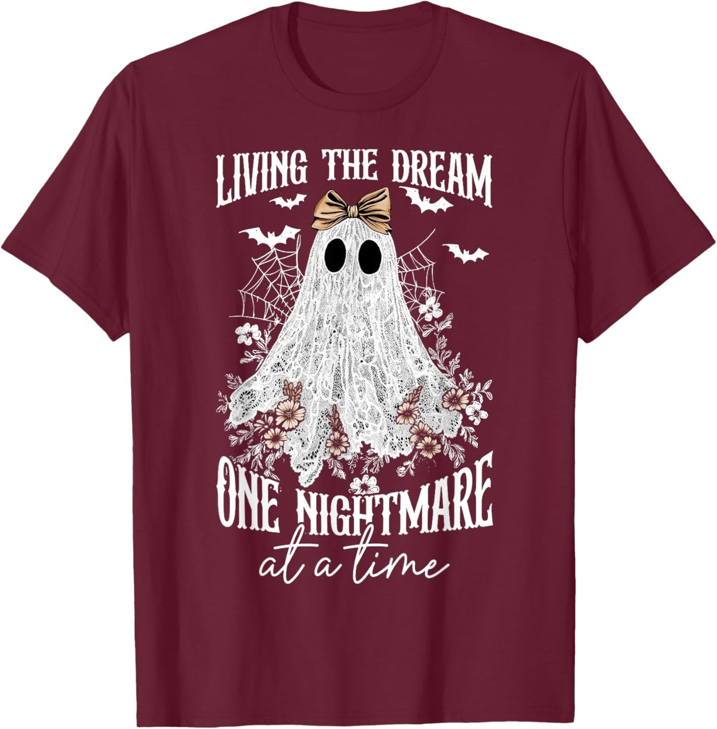 Living The Dream One Nightmare at A Time Lace Ghost Bow T-Shirt - T-Shirt | Maroon
