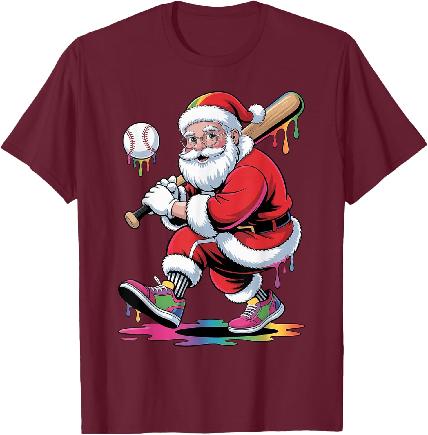 Funny Baseball Christmas Santa Claus Batter Baseball Drip T-Shirt - T-Shirt | Maroon