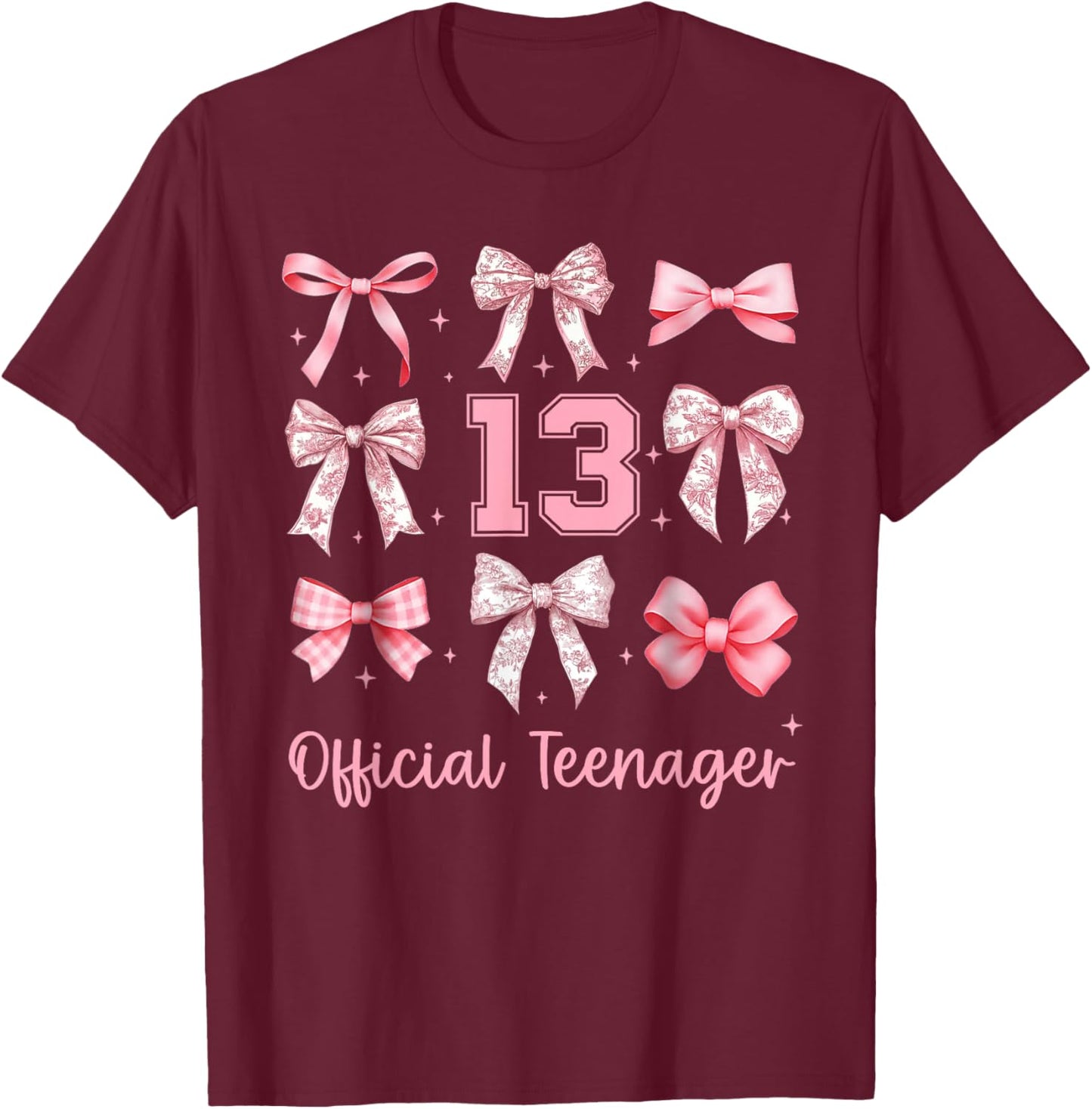 13th Birthday Girl Pink Toile Floral Coquette Bow Aesthetic T-Shirt - T-Shirt | Maroon
