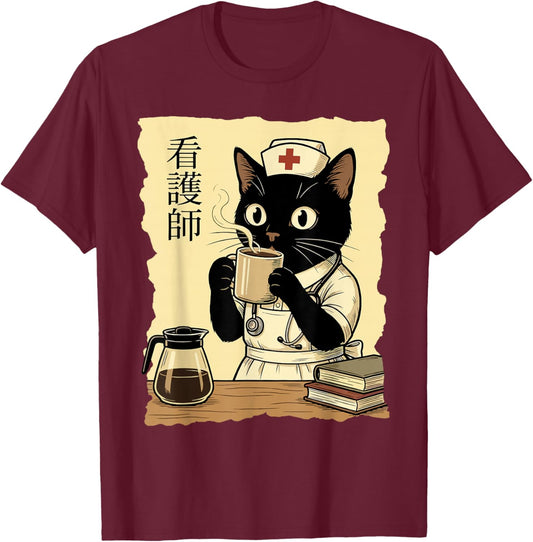 Nurse Japanese Cat T-Shirt - T-Shirt | Maroon