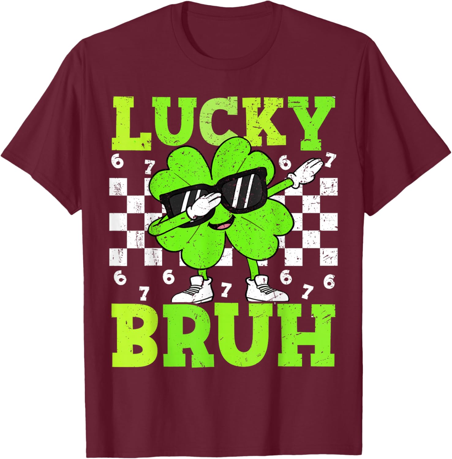 Boys St Patricks Day 67 Lucky Bruh Dabbing Shamrock Clover T-Shirt - T-Shirt | Maroon