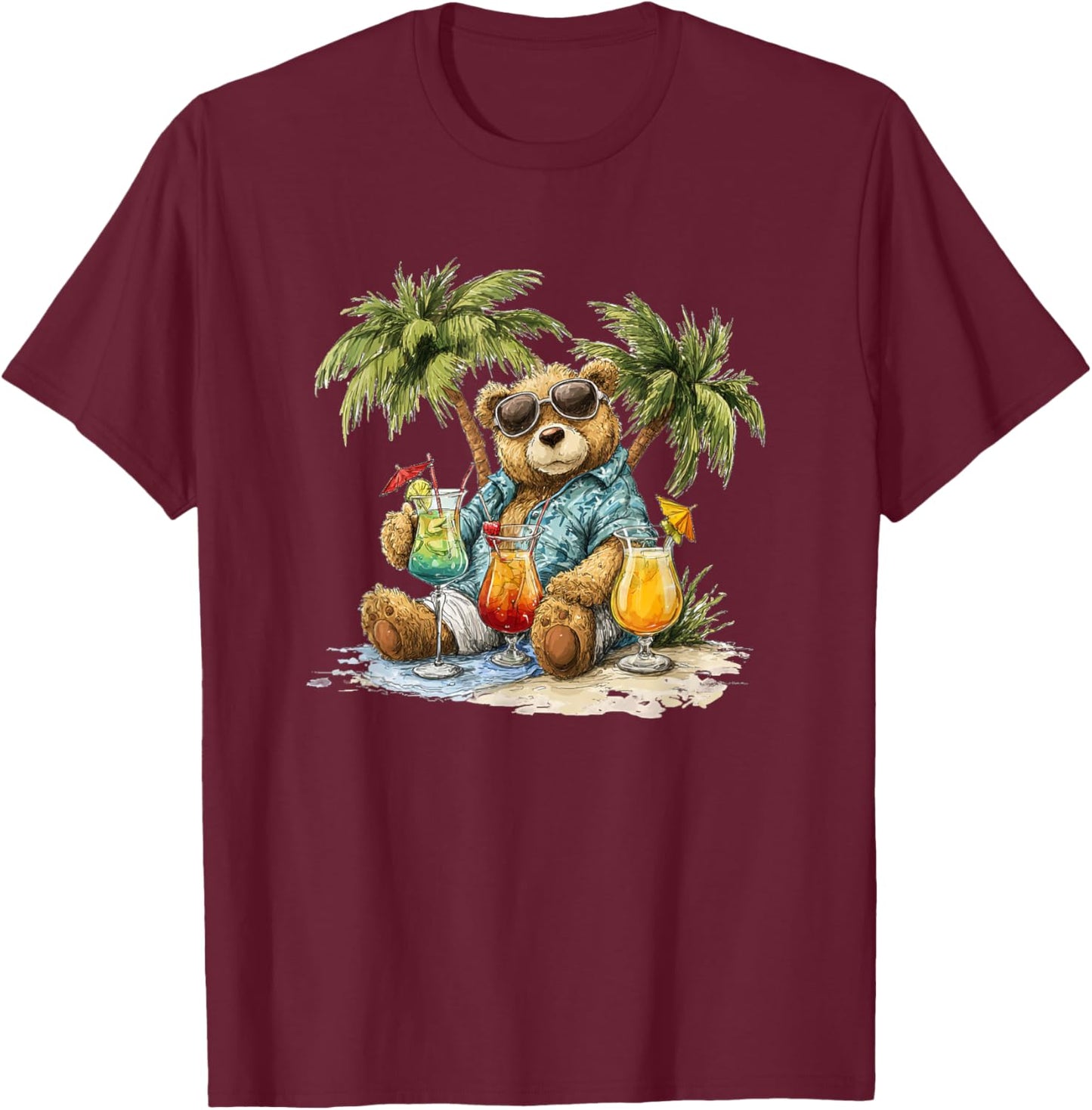 Teddy Bear Under Palm Trees with Cocktails and Beach T-Shirt - T-Shirt | Maroon