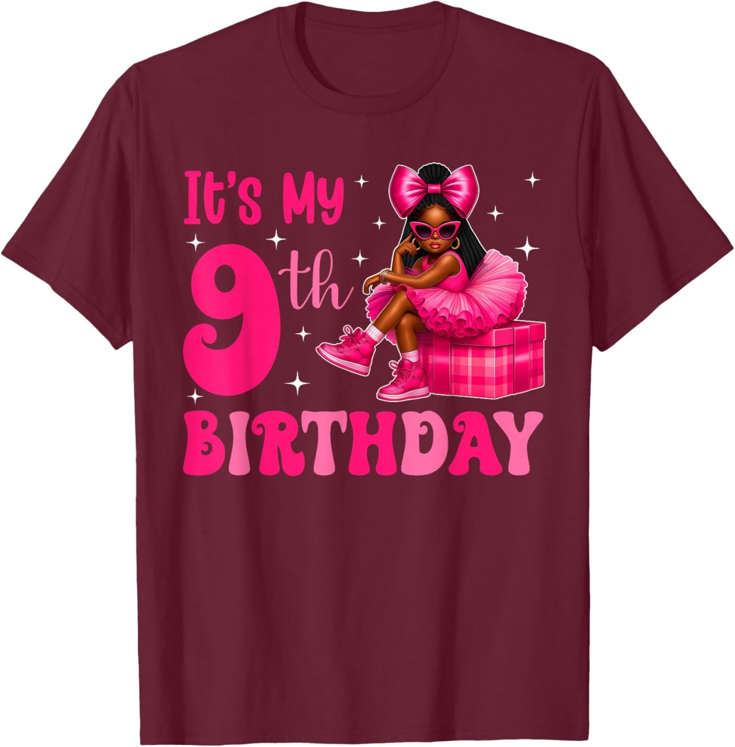 It's My 9th Birthday Bow 9 Years Old Black Girl Afro Kid T-Shirt - T-Shirt | Maroon