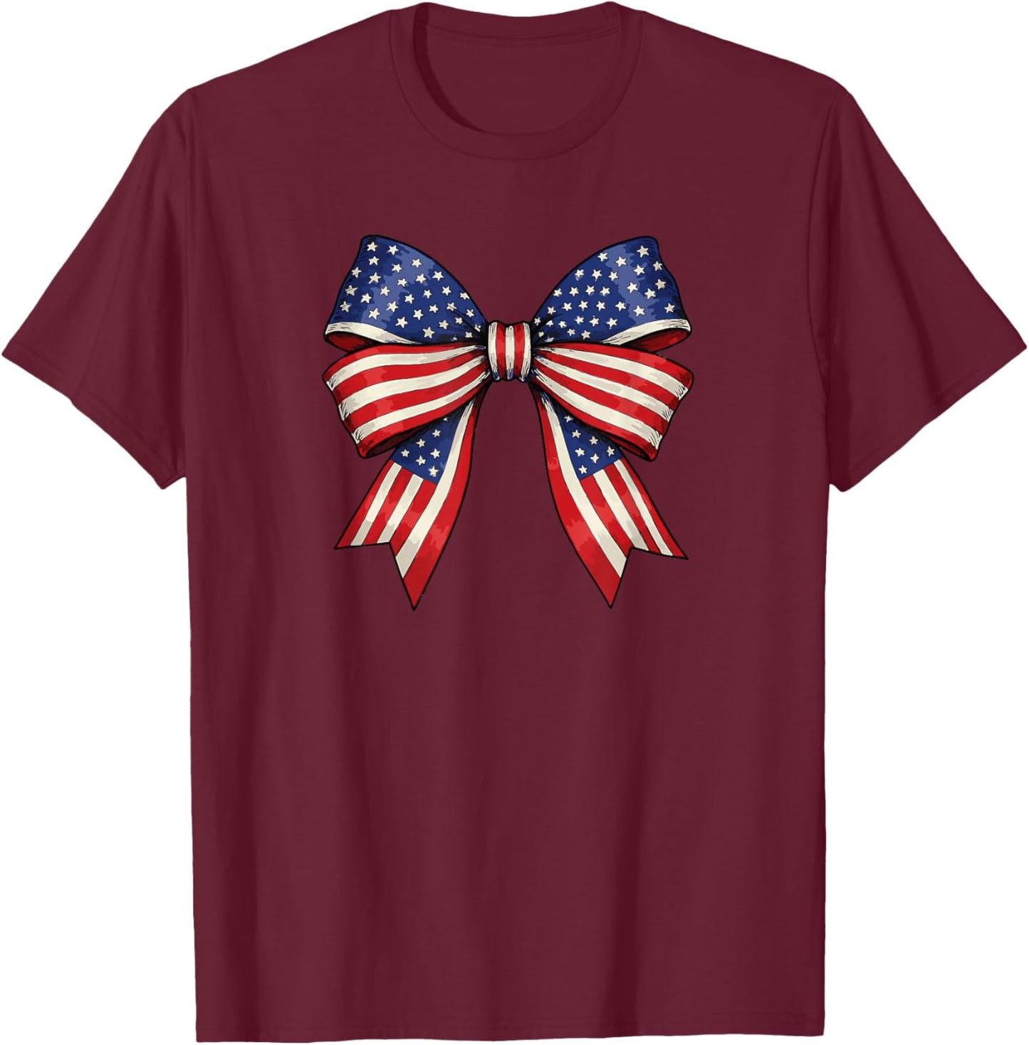 USA Patriotic Red White and Blue Bow Design T-Shirt - T-Shirt | Maroon
