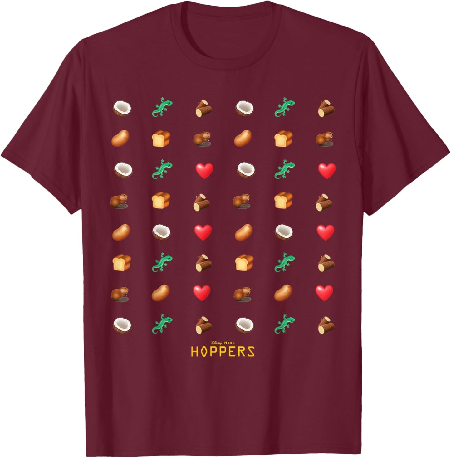 Disney Pixar Hoppers Coconut Lizard Log Beaver Heart Emojis T-Shirt - T-Shirt | Maroon