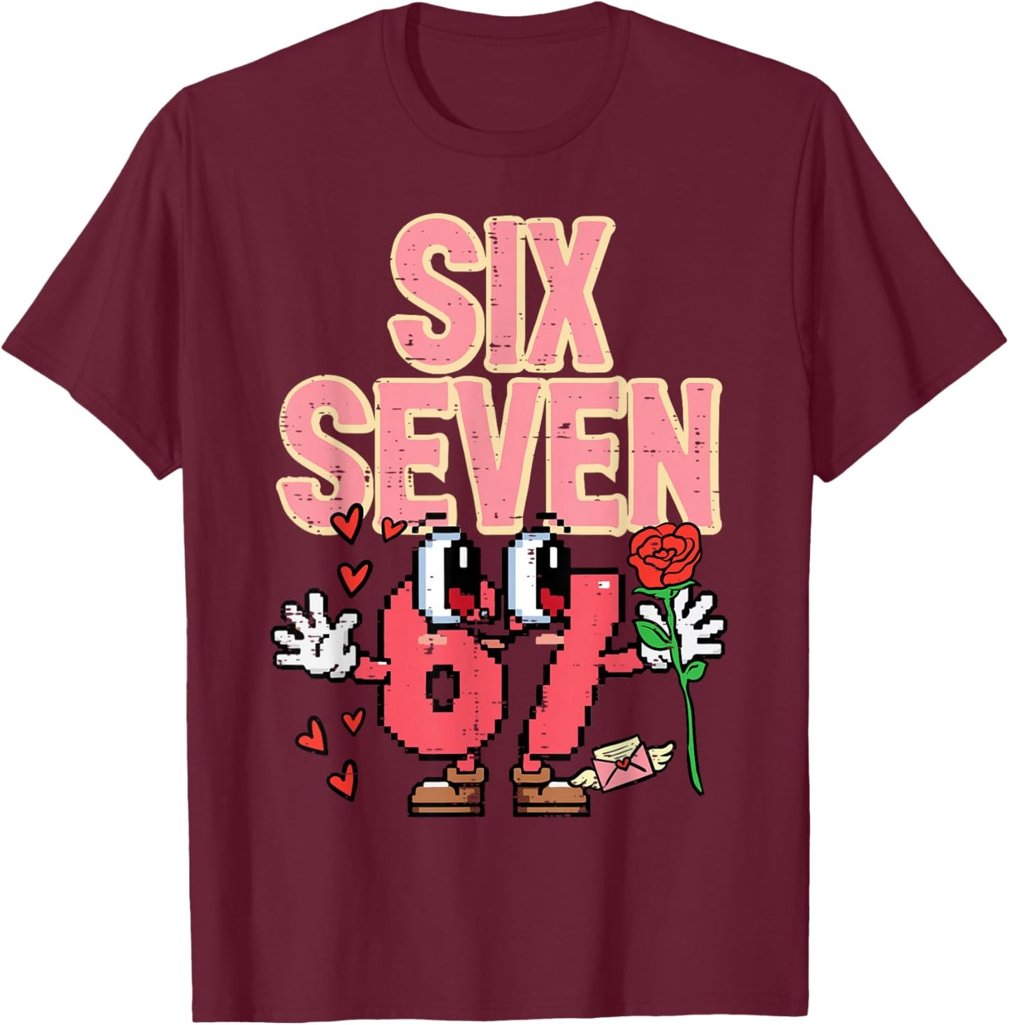 Six Seven 6 7 Valentines Day Retro 67 Meme Kids Boys Youth T-Shirt - T-Shirt | Maroon