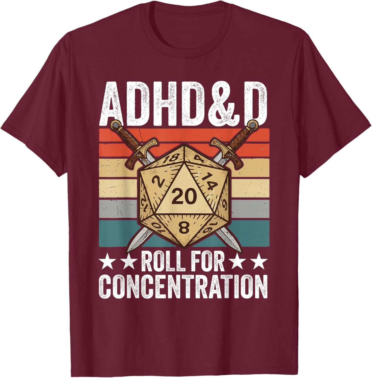 Retro Vintage ADHD&D Roll for Concentration Funny Gamer T-Shirt - T-Shirt | Maroon
