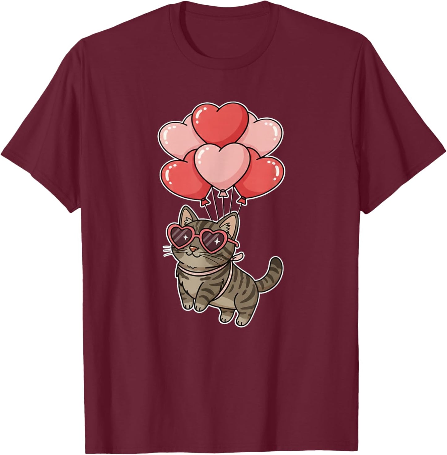 Girls Valentines Day Heart Balloons Brown Tabby Cat T-Shirt - T-Shirt | Maroon