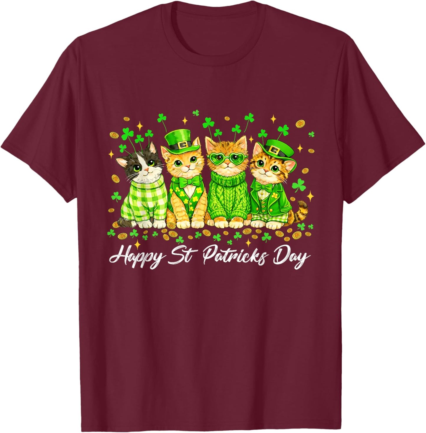 Happy St Patricks Catricks Day Cats Saint Pattys Women Girls T-Shirt - T-Shirt | Maroon
