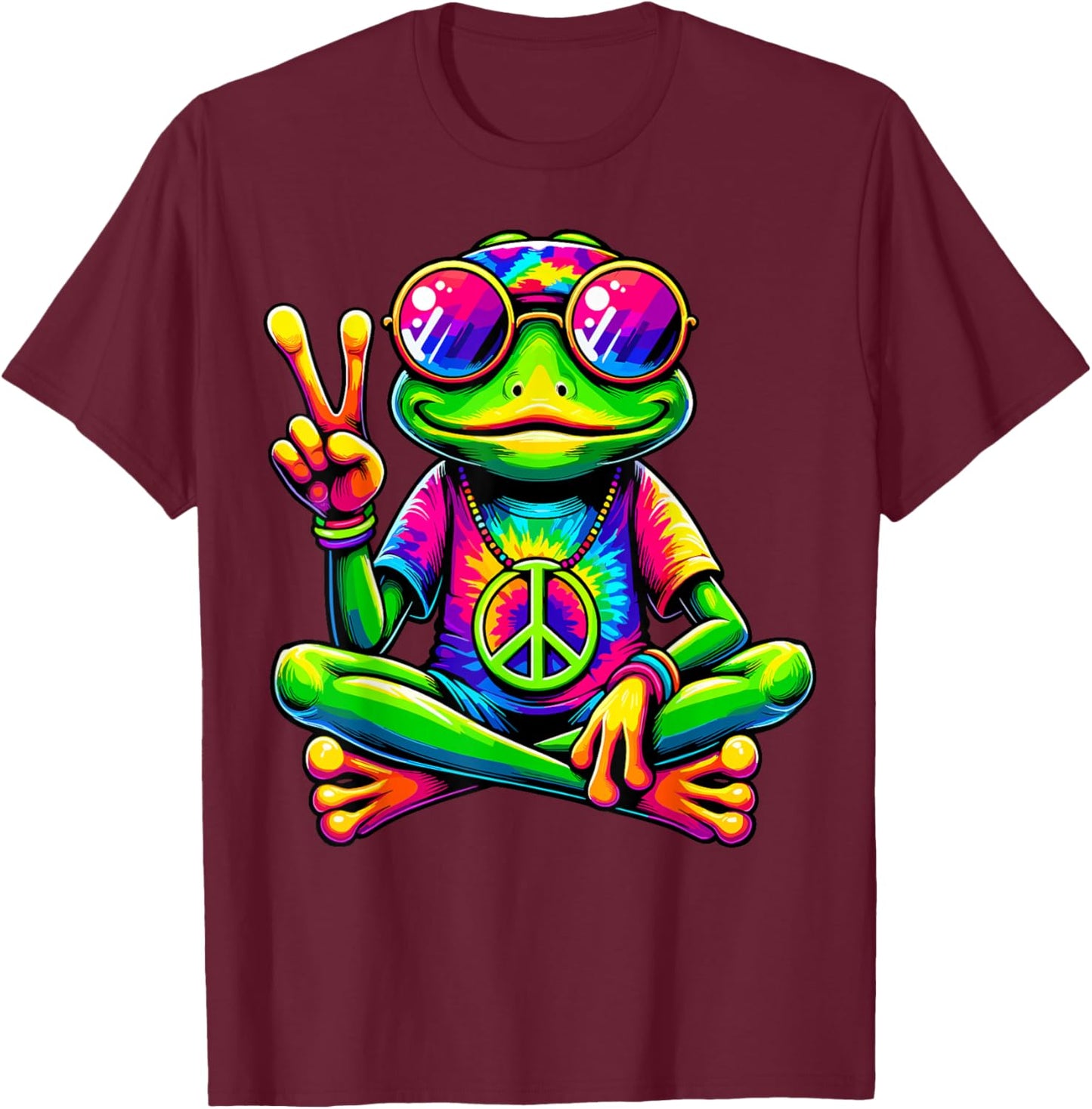 Hippie Tie Dye Frog 70s 60s Peace Sign T-Shirt - T-Shirt | Maroon