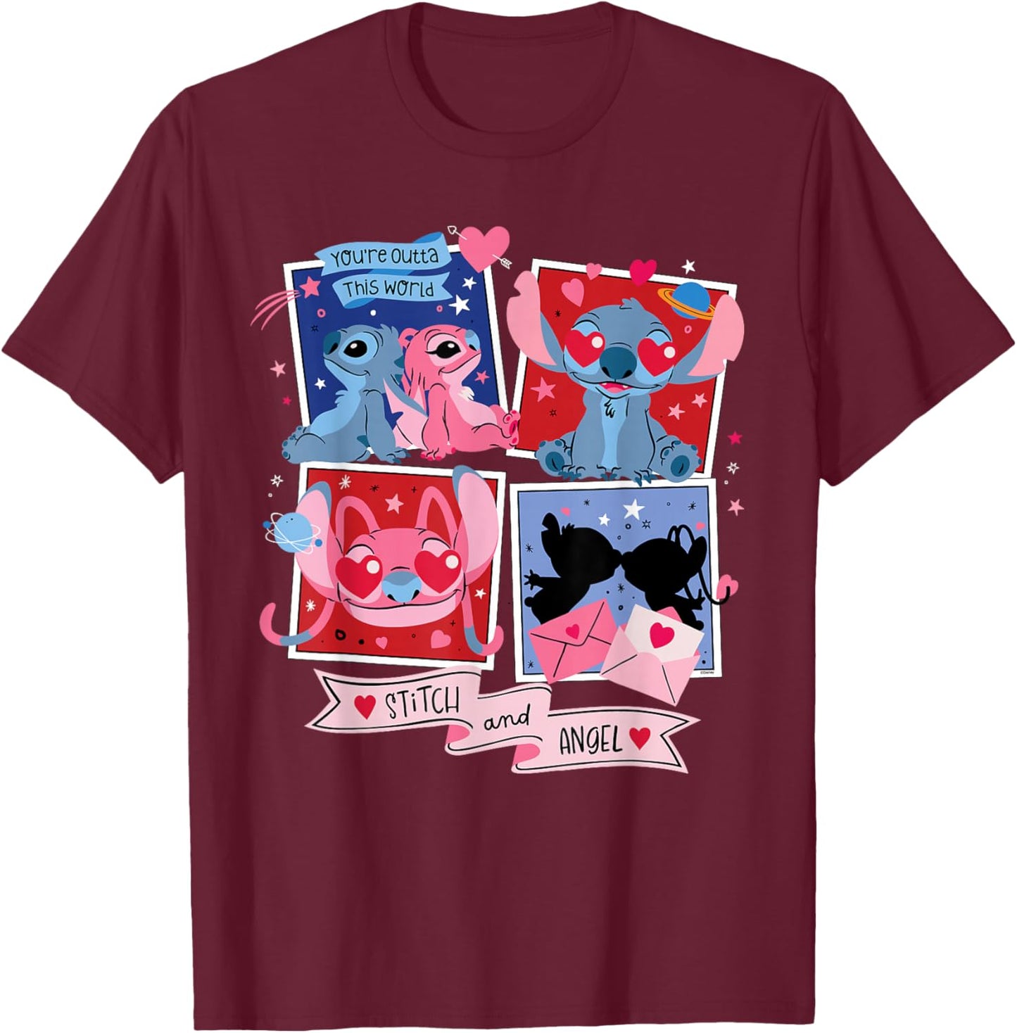 Disney Stitch & Angel Valentine's Day Outta This World T-Shirt - T-Shirt | Maroon