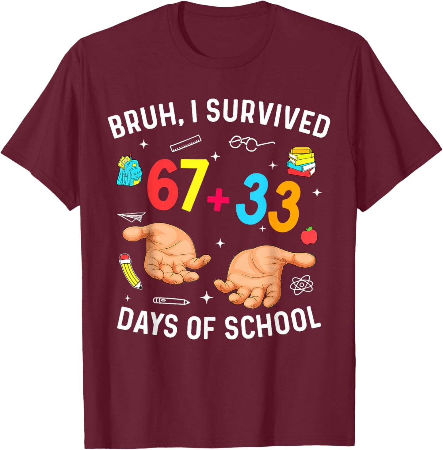 I Survived 67 33 Days of School for Teacher Kids 100th Days T-Shirt - T-Shirt | Maroon