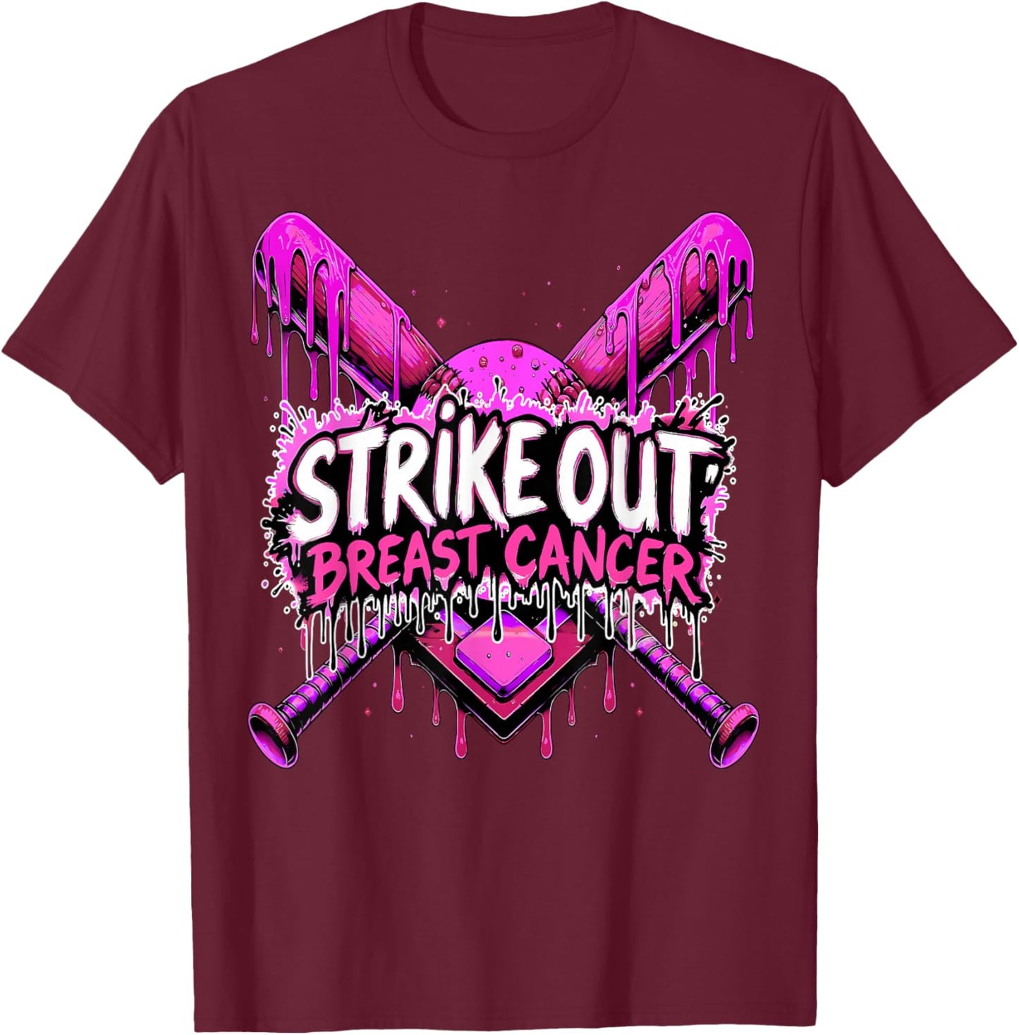 Strike Out Breast Cancer Baseball Softball Drip Home Plate T-Shirt - T-Shirt | Maroon