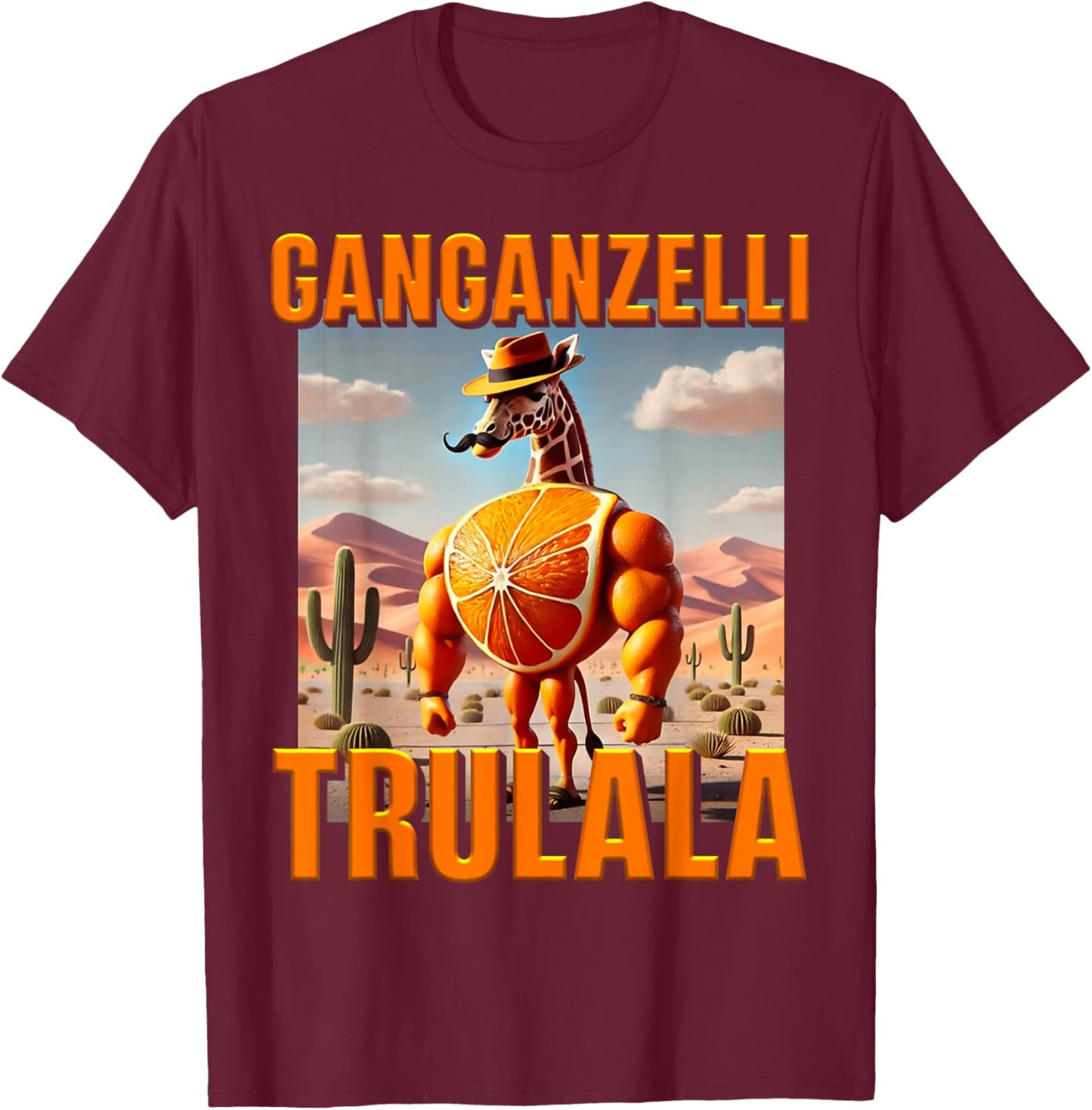 Ganganzelli Trulala Brainrot Giraffe Orange AI Generated T-Shirt - T-Shirt | Maroon