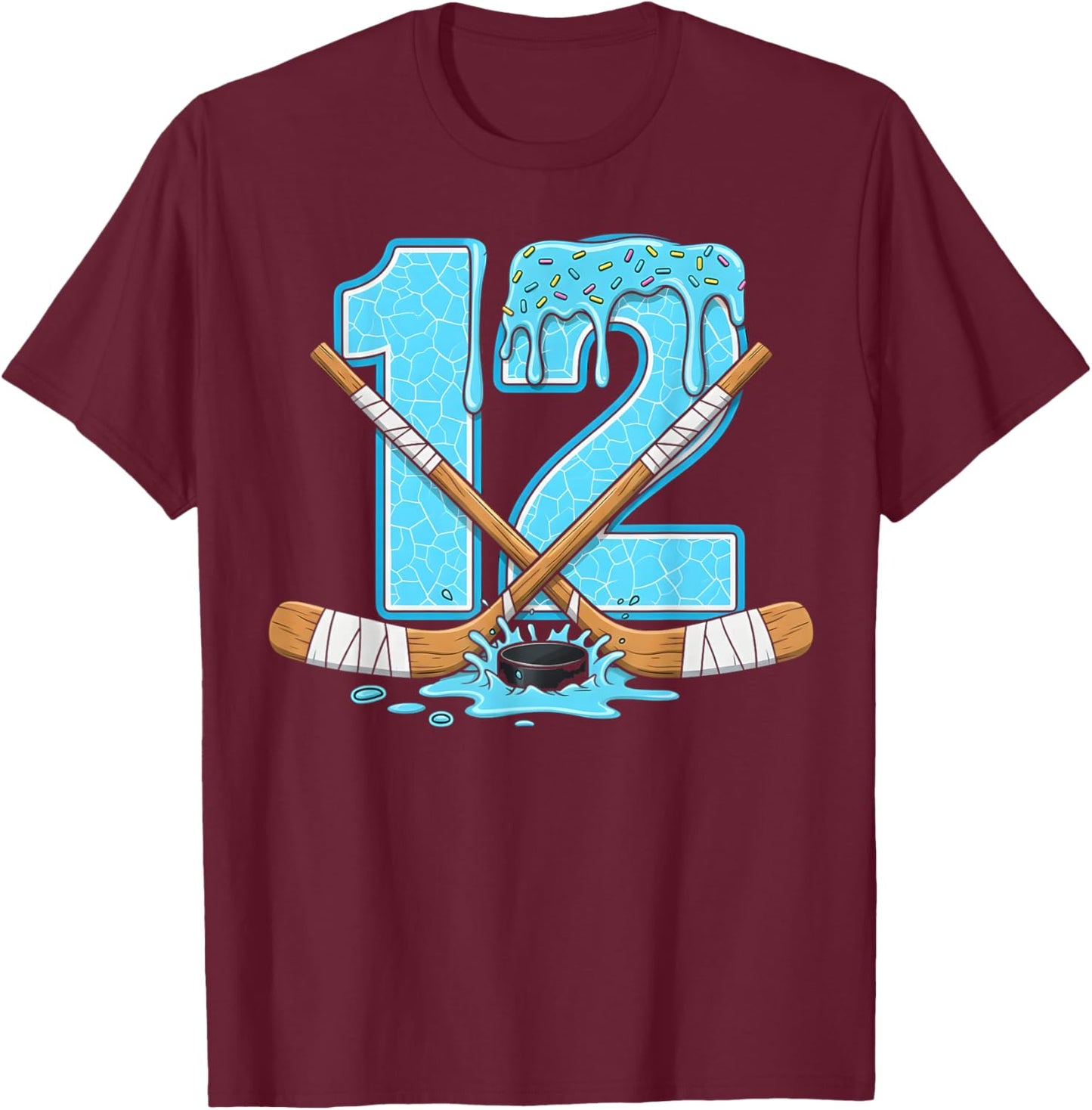 12 Year Old Hockey Ice Cream Drip Youth 12th Birthday Boys T-Shirt - T-Shirt | Maroon