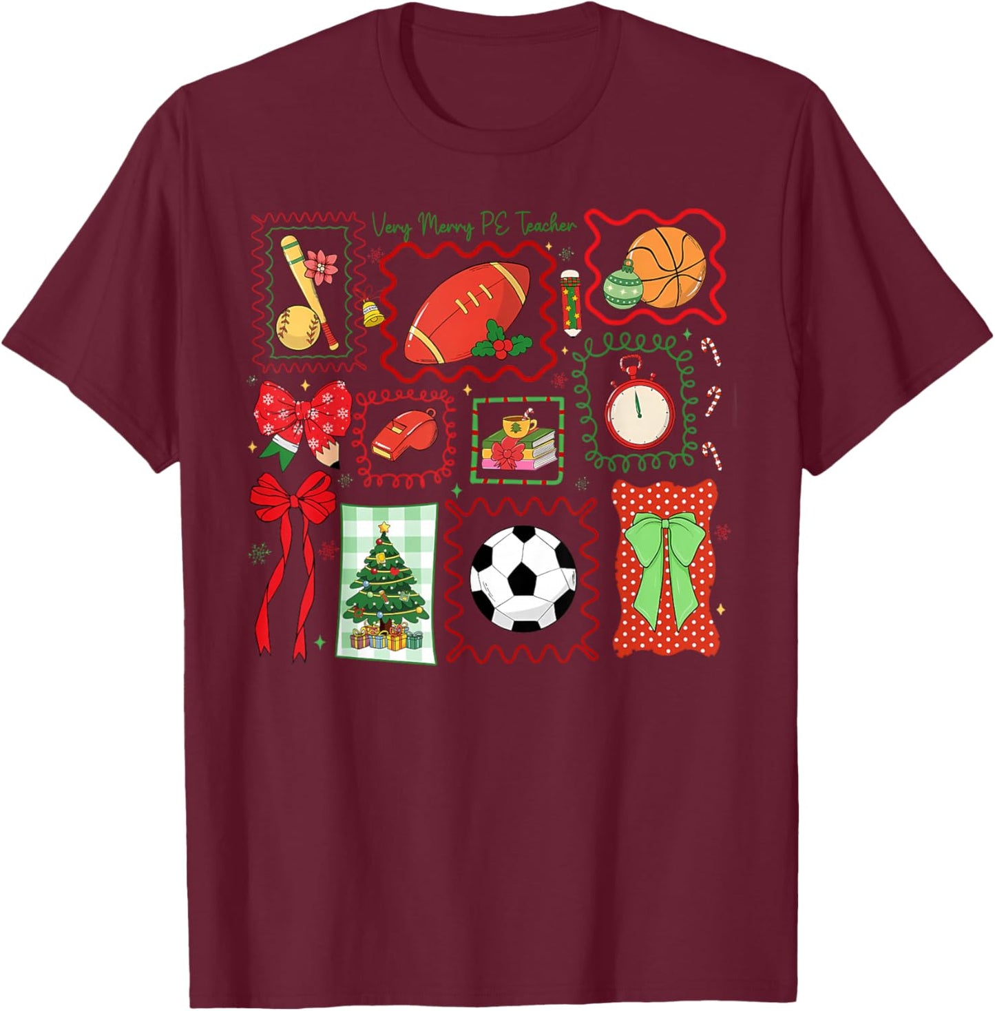 PE Teacher Christmas Bow Physical Education Teacher Outfit T-Shirt - T-Shirt | Maroon