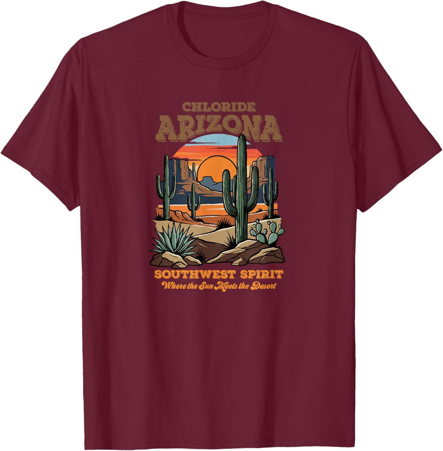 Chloride, Arizona Desert Sunset Cactus Southwest Art T-Shirt - T-Shirt | Maroon